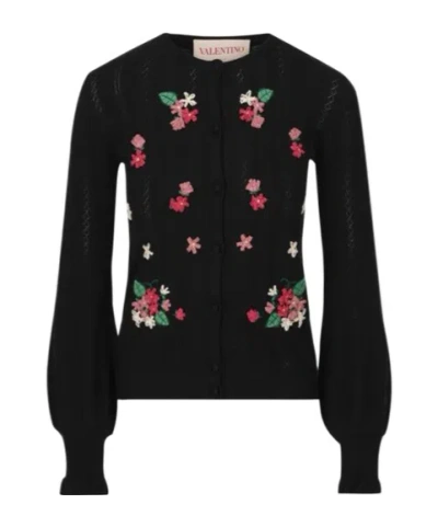 Valentino Wool Floral Embroidered Balloon Sleeve Cardigan In Black