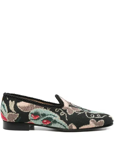 Valentino Garavani Floral-patterned Rope-trimmed Loafers In Black