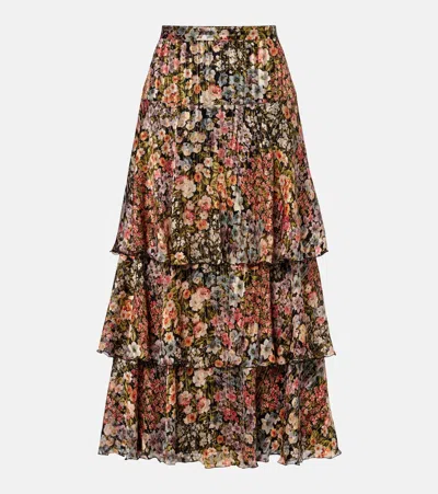 Valentino Floral Plissé Tiered Silk Maxi Skirt In Multi
