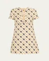 Valentino Floral Print Bow Keyhole Wool Mini Dress In Latte