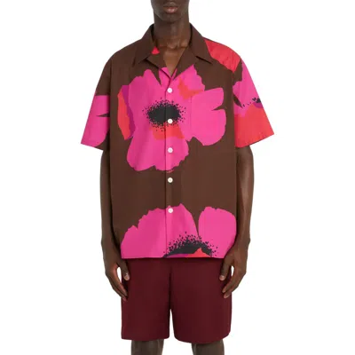 Valentino Floral Print Cotton Camp Shirt In Zvy Tabacco/pink Pp