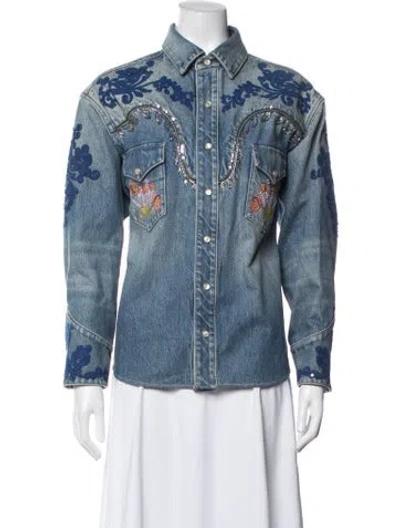 Pre-owned Valentino Floral Print Denim Jacket In Blue