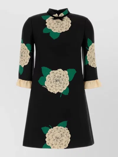 Valentino Floral Print Dress High Neckline In Black