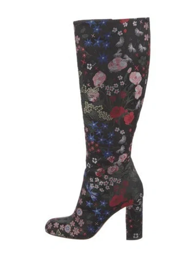 Pre-owned Valentino Garavani Floral Print Embroidered Accent Boots In Black