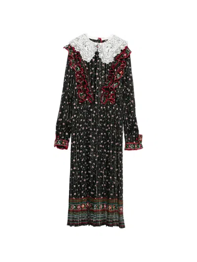 Valentino Metallic Floral-print Silk Midi Dress In Black