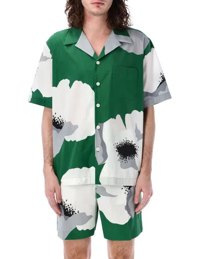 Valentino Floral Print Poplin Bowling Shirt For Men In Smerald/grey