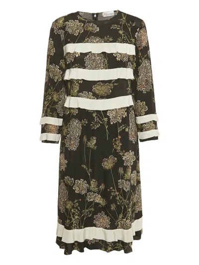Pre-owned Valentino Floral-print Ruffled Dress In Black