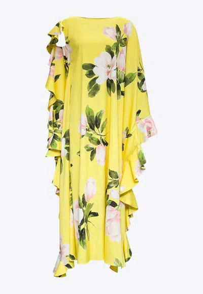 Valentino Floral Print Ruffled Midi Silk Dress In Yellow