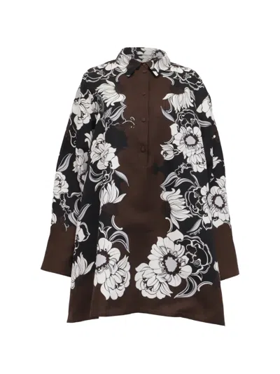 Pre-owned Valentino Floral-print Shirt Mini Dress In Brown