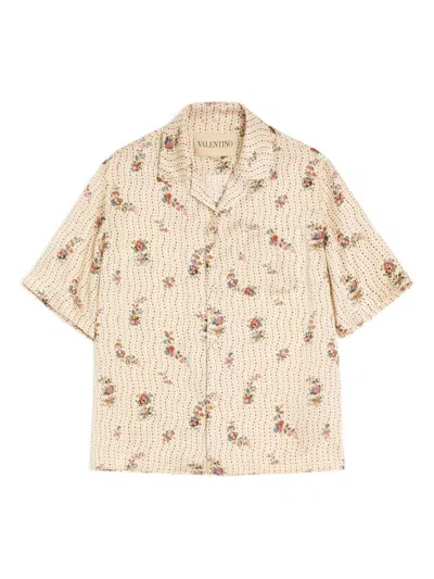 Valentino Silk Bowling Shirt With Papier Floral Print In White