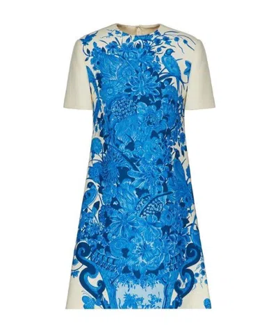 Valentino Floral Print Short-sleeve Dress In Blue