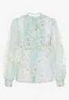 Valentino Silk Shirt With Balloon Sleeves And Floral Print In Blue