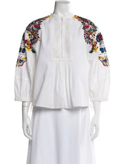 Pre-owned Valentino Floral Print Three-quarter Sleeve Blouse In White