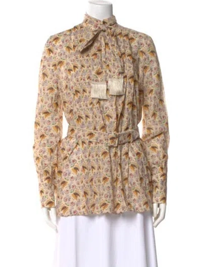 Pre-owned Valentino Floral Print Tie Neck Blouse In Neutral
