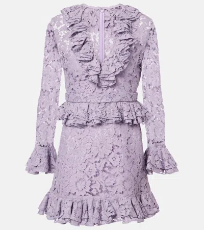 Valentino Floral Ruffled Sheer Silk Lace Minidress In Purple