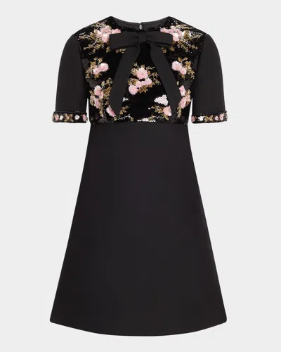 Valentino Floral Sequined Bow-neck Mini Dress In Black