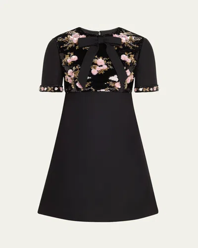 Valentino Floral Sequined Bow-neck Mini Dress In Black Multi