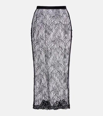 Valentino Floral Sheer Lace Midi Skirt In Black
