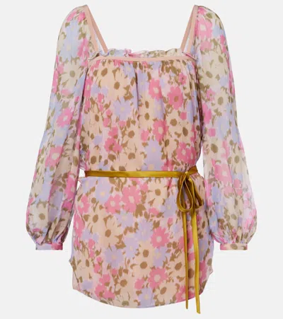 Valentino Belted Floral-print Silk-georgette Blouse In Pink