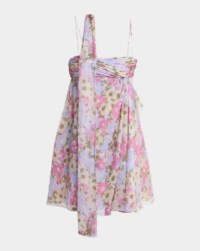 Valentino Floral Silk Georgette Mini Babydoll Dress With Neck Scarf In Multi