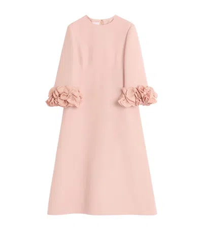 VALENTINO WOOL-SILK FLORAL-SLEEVE MIDI DRESS