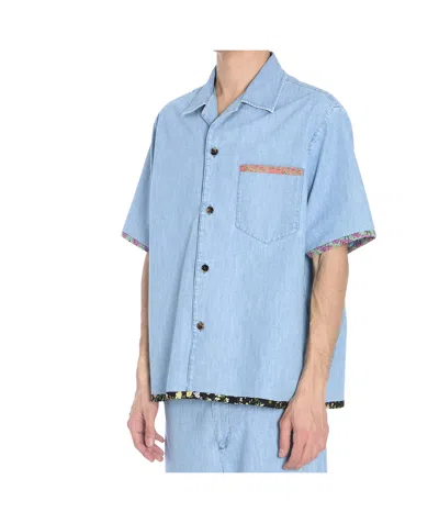 VALENTINO VALENTINO FLORAL TRIM BUTTON-UP DENIM SHIRT