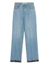 Valentino Denim Trousers With Floral Print Hem In Blue