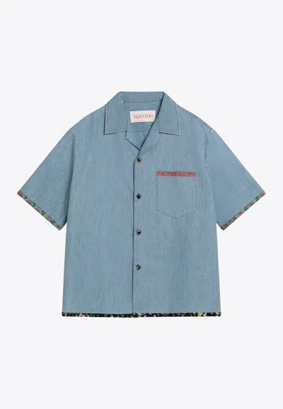 VALENTINO FLORAL-TRIMMED DENIM BOWLING SHIRT