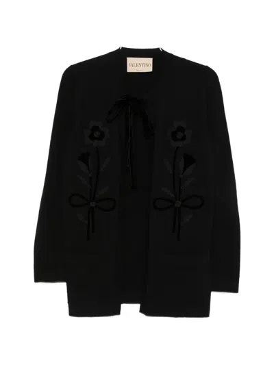 Valentino Floral-applique Bow-fastening Cardigan In Black