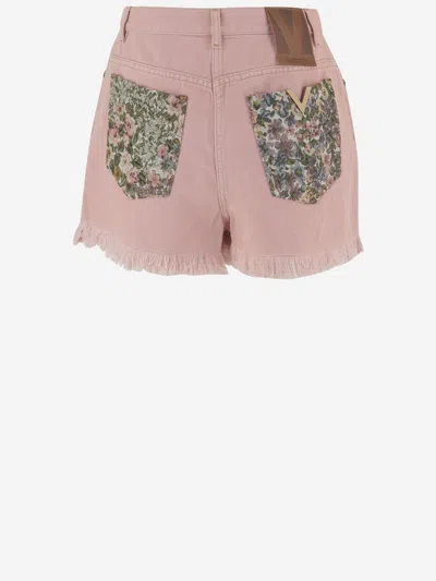 Valentino Floral-appliqué Cotton-blend Shorts In Pink