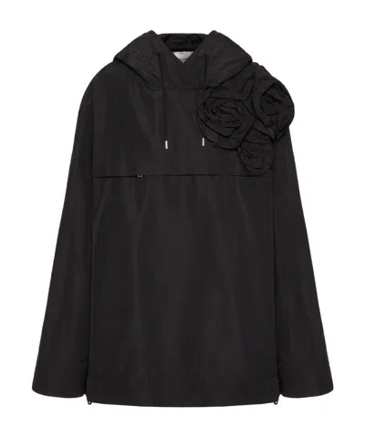 Valentino Floral-appliqué Drawstring Jacket In Black
