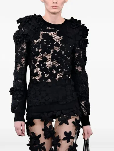 Valentino Floral-appliqué Lace Sweatshirt In Black