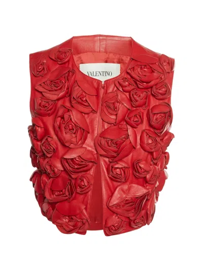 Pre-owned Valentino Floral-appliqué Leather Vest In Red