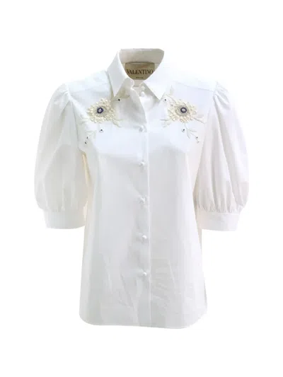 Valentino Floral-appliqué Puffed-sleeve Shirt In White