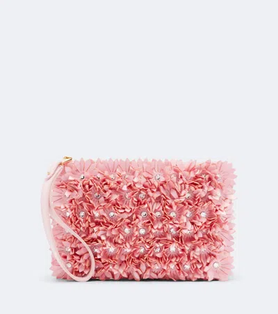 Valentino Garavani Floral-appliqué Satin Pouch In Pink