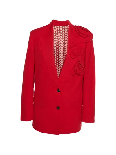 Pre-owned Valentino Floral-appliqué Single-breasted Blazer In Red