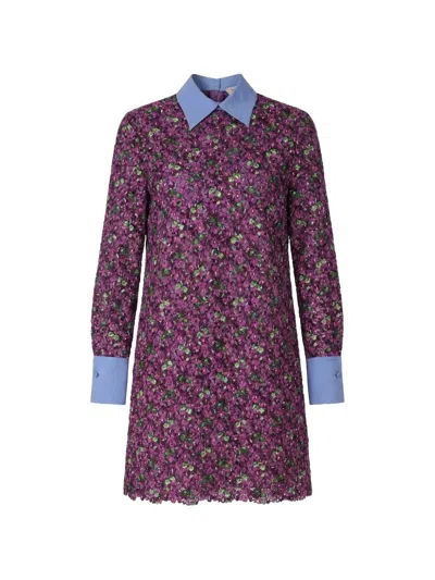 Valentino Floral-embroidered Contrasting-collar Dress In Purple