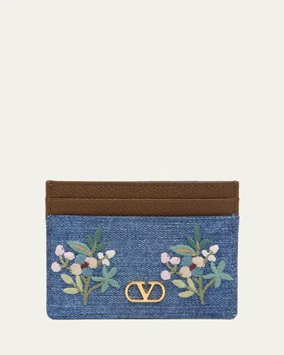 Valentino Garavani Floral-embroidered Denim & Leather Card Holder In Multi