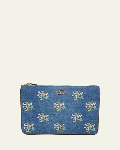 Valentino Garavani Floral-embroidered Denim Vlogo Clutch Bag In Multi