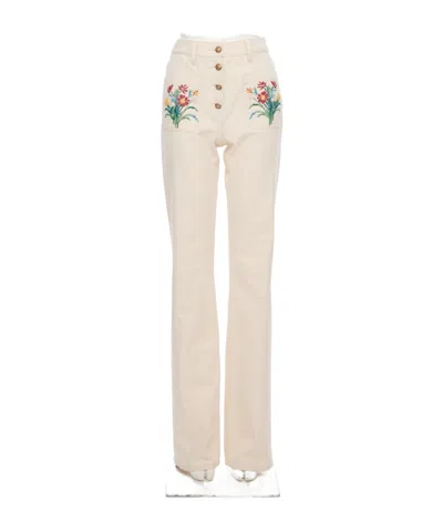 Valentino Floral-embroidered Jeans In Neutral