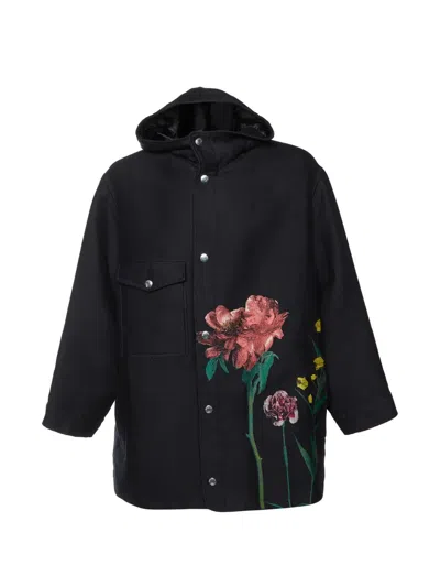 Pre-owned Valentino Floral-jacquard Hooded Coat In Black