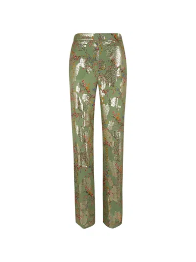Valentino Floral High Waist Metallic Straight Leg Pants In Green