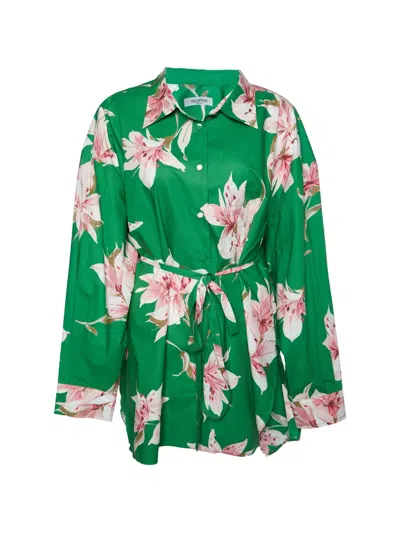 Pre-owned Valentino Floral-print Belted Shirt Mini Dress In Green