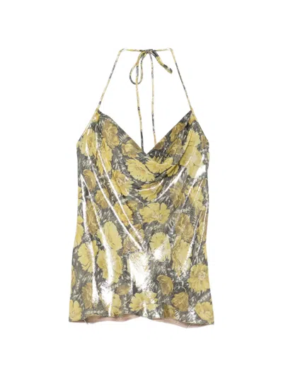 Valentino Floral-print Cowl-neck Blouse In Yellow
