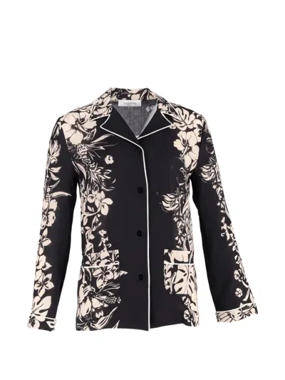 Pre-owned Valentino Floral-print Cuban-collar Shirt In Black