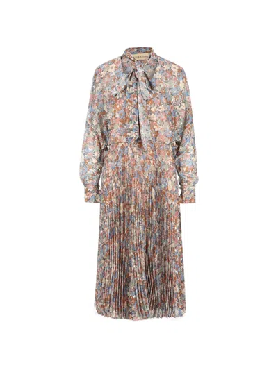 Valentino Floral-print Pussy-bow Midi Dress In Multi