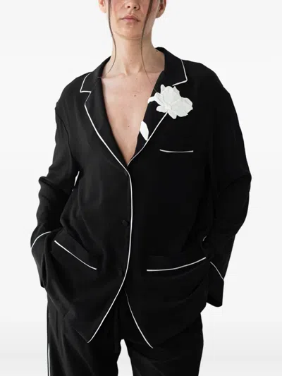 Valentino Flower-detail Piped-trim Pajama Top In Black