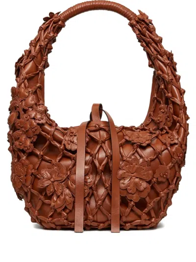 Valentino Garavani Flower-embellished Net Shoulder Bag In Brown
