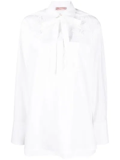 Valentino Flower Embroidered Silk-blend Shirt In White