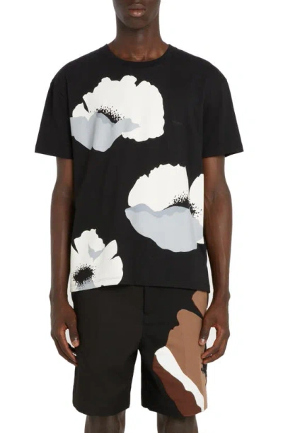 Valentino Floral-print Cotton T-shirt In Black/grey